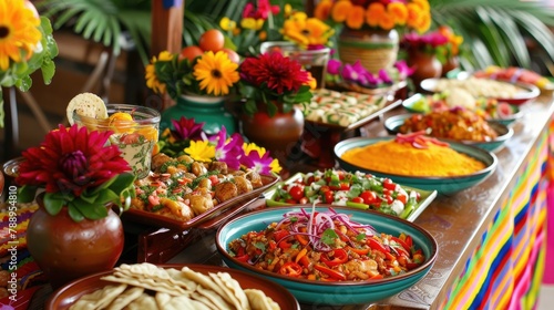 Get ready to dive into a colorful Fiesta celebration with a vibrant buffet table featuring a spread of mouthwatering traditional Mexican dishes