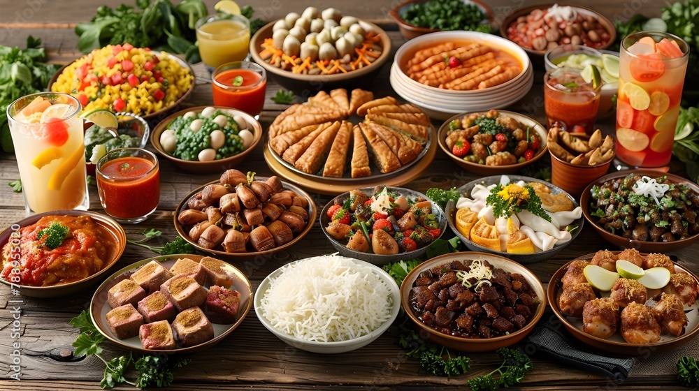 Vibrant Eid al Adha Culinary Showcasing a Diverse Spread of Traditional Delicacies and Refreshments on a Tablescape Vibrant Eid al Adha Culinary Showcasing a Diverse Spread of Traditional Delicacies and Refreshments on a Tablescape