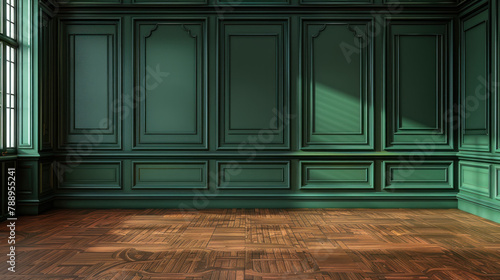 3d rendering of large empty room with a dark green wall and wooden floor, wall paneling and trim in a classic interior design style. empty home interior wall mock-up