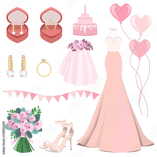 Wedding set of the bride in pink tones. Wedding dress, sandals, earrings, ring, bouquet, veil, balls isolated on a white background. Vector collection of wedding symbols for your holiday.