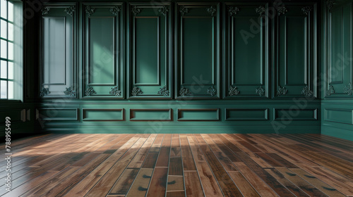 3d rendering of large empty room with a dark green wall and wooden floor, wall paneling and trim in a classic interior design style. empty home interior wall mock-up