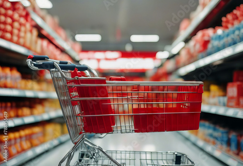 light empty red background interior scount cart supermarket store shopping hand aisle hold bokeh blur Woman defocused abstract grocery streetcar consumer photo