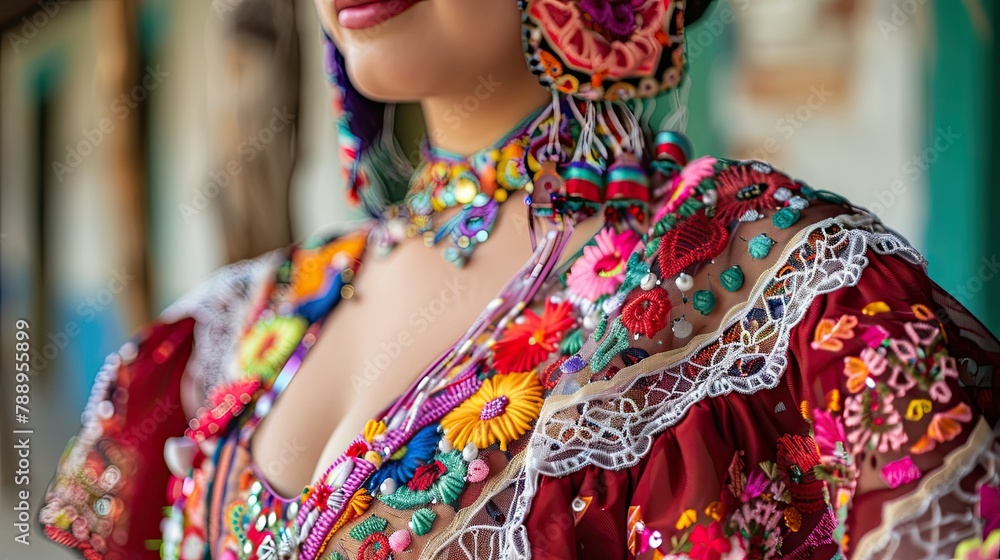 A Mexican model adorned in a traditional Jalisco state dress A Mexican model adorned in a traditional Jalisco state dress
