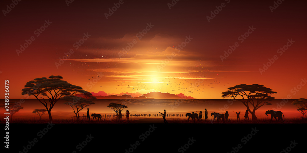 African savanna animals at sunset silhouettes of wild animals of the african savannah with evening background
