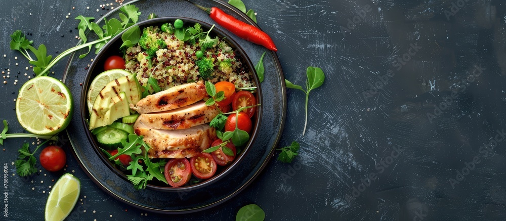 Top-down view of a bowl of Buddha Quinoa featuring grilled chicken, tomatoes, and lime on a dark surface, with space for text. Top-down view of a bowl of Buddha Quinoa featuring grilled chicken, tomatoes, and lime on a dark surface, with space for text.