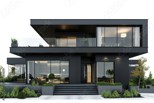 Modern luxury house exterior, black color with white background. 3d rendering illustration of contemporary mansion for family home or hotel architecture design isolated on white background © Rangga Bimantara