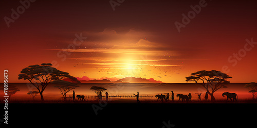 African savanna animals at sunset silhouettes of wild animals of the african savannah with evening background
 photo