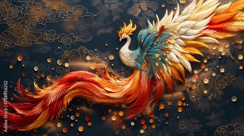 Traditional embroidery phoenix illustration poster background