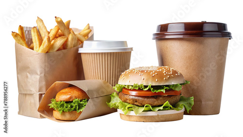 Collection and delivery food background with fast food items. Fast food concept with burgers, fries, and drinks.