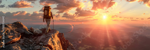 A man stands on a mountain top and looks at the sunset. Successful hiker in the dusk hikers carrying a load climbing mountains ,Silhouette of hiker in mountain top
   photo