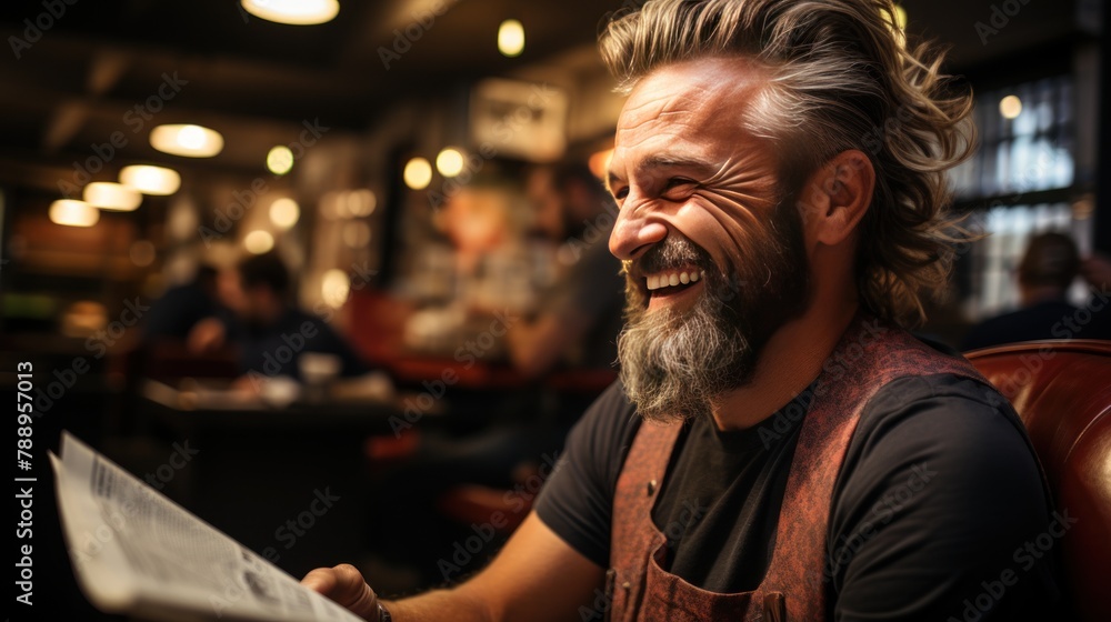 cheerful young bearded at barbershop