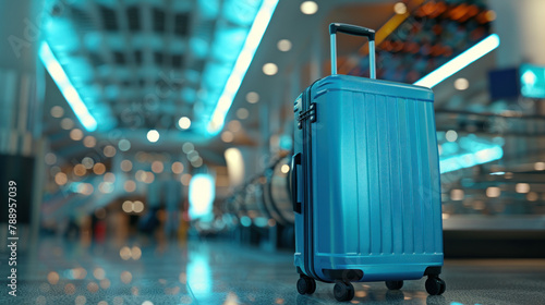 blue suitcase or luggage at airport terminal with bokeh background, travel concept. close up of blue plastic suitcase standing alone in modern airport hall interior photo