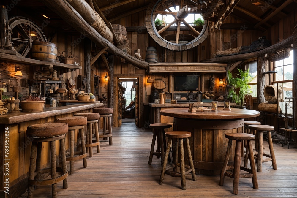 Rustic Wild West Saloon Living Room Inspirations: bar stools, rough-hewn logs, wagon wheel decor Galore Rustic Wild West Saloon Living Room Inspirations: bar stools, rough-hewn logs, wagon wheel decor Galore