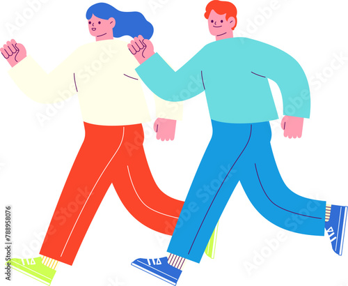 笑顔でランニングする男女2人のイラスト　白い背景に分離されたフラットなRGBのベクター素材
