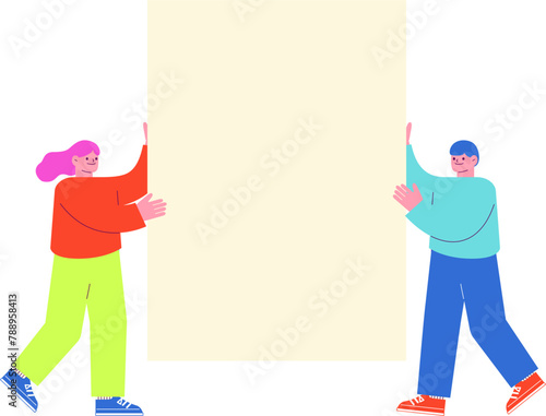 メッセージボードを持った男女2人のイラスト　白い背景に分離されたフラットなRGBのベクター