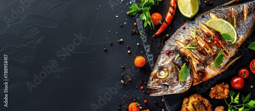 Grilled mackerel fish topped with lime, set against a black backdrop with copy space, alongside fried fish and vegetables. photo