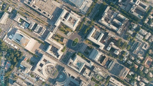 Rome, Italy. Piazza Guglielmo Marconi. District EUR - Quarter is a vast complex of buildings built on the orders of dictator Benito Mussolini, Aerial View, HEAD OVER SHOT photo