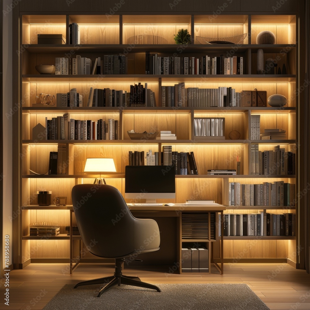 Cozy Home Office at Night with Bookshelves Illuminated by Warm Desk Lamp and Comfortable Swivel Chair Cozy Home Office at Night with Bookshelves Illuminated by Warm Desk Lamp and Comfortable Swivel Chair