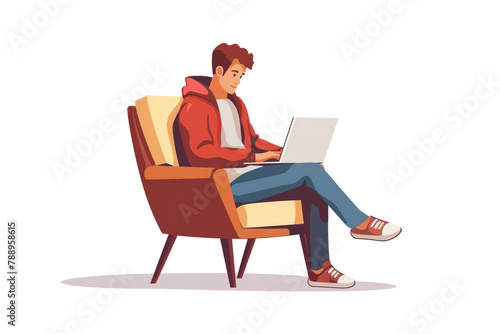 a man sitting on a chair with a laptop, in a simple flat vector illustration style, isolated on a white background © Rangga Bimantara