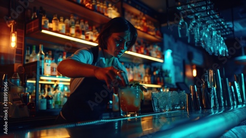 Expert bartender making cocktails at the bar, close-up view