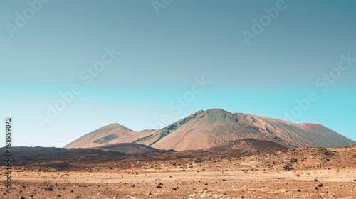 minimalist volcano landscape, no people, blue sky, clouds, loneliness, hiking, copy and space text, 16:9