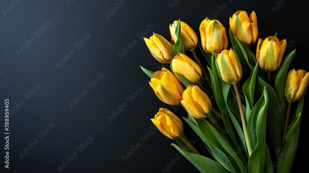 top view bouquet of yellow tulips on black background with copy space for text. greeting card or banner template top view bouquet of yellow tulips on black background with copy space for text. greeting card or banner template