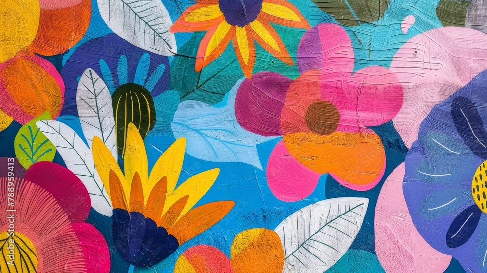Closeup of a vibrant abstract mural painted directly onto the wall featuring lively floral and botanical motifs that blur the lines between indoors and out. . Closeup of a vibrant abstract mural painted directly onto the wall featuring lively floral and botanical motifs that blur the lines between indoors and out. .
