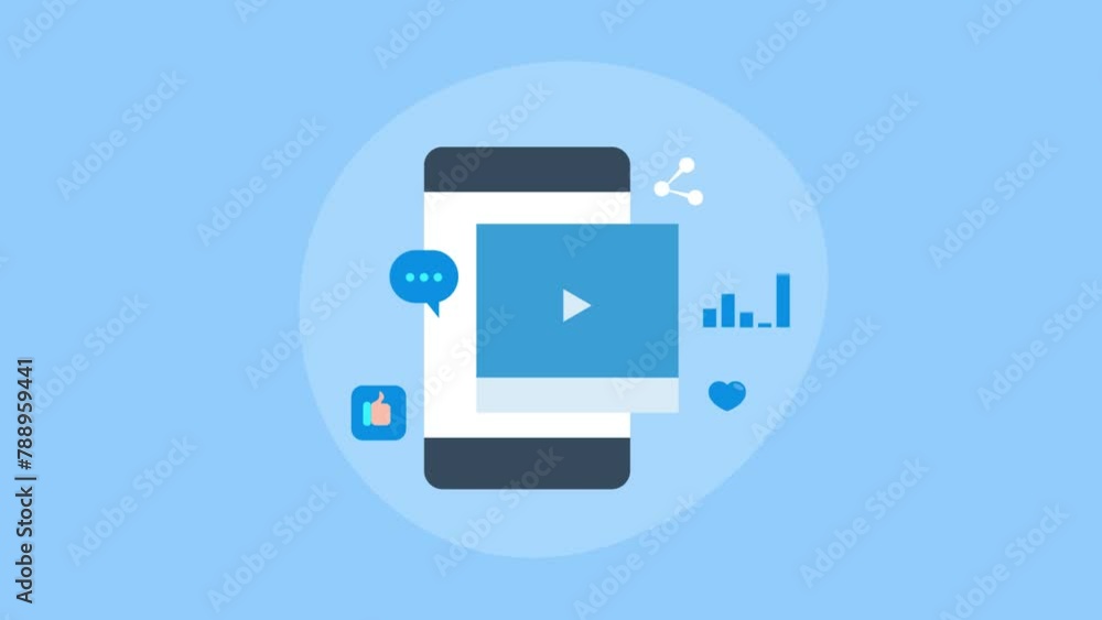 Sharing video content on social media from smartphone, audience engagement and reaction conceptual video animation. Sharing video content on social media from smartphone, audience engagement and reaction conceptual video animation.