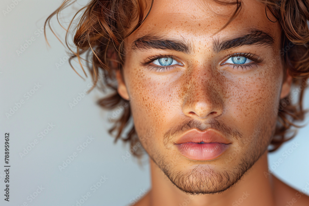 Portrait of young beautiful man with perfect smooth skin. Concept of natural beauty, cosmetology, cosmetics, skin care and plastic surgery, white background Portrait of young beautiful man with perfect smooth skin. Concept of natural beauty, cosmetology, cosmetics, skin care and plastic surgery, white background