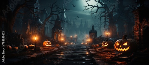 Halloween spooky background with pumpkins and cemetery