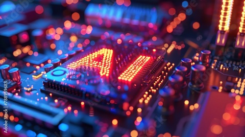 Close-up of a CPU tower with vibrant LED lights forming a glowing 3D "AI" text pattern, adding flair to the computer setup.