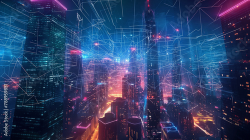 A digital image of a futuristic city with skyscrapers and glowing red and blue lights.