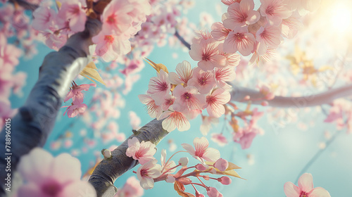 A branch of delicate pink cherry blossoms with a blurred background.   © Awais