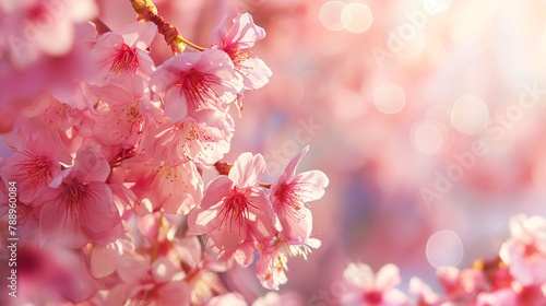 A close-up of a branch of pink cherry blossoms against a blurred background of green leaves and blue sky.  