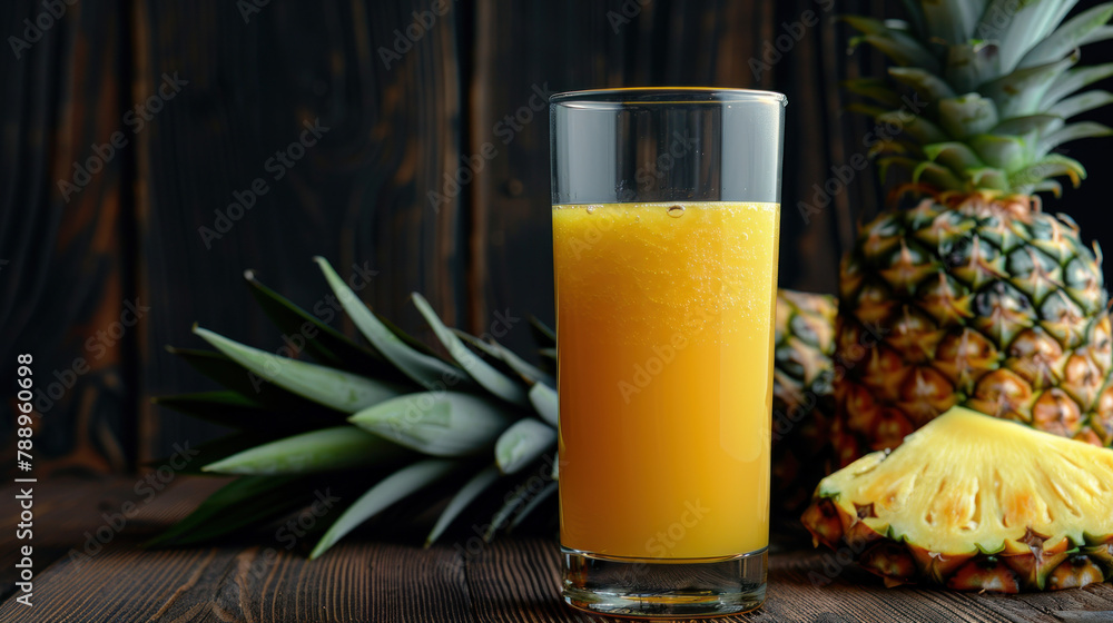 pineapple juice in glass with straw and fresh pineapple on wooden table isolated black background pineapple juice in glass with straw and fresh pineapple on wooden table isolated black background