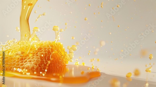 Honeycombs with pouring honey in closeup on lite background photo
