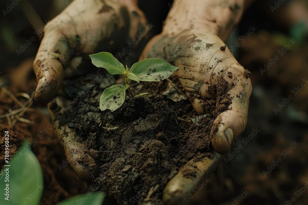 Close-up of gardener's muddy hands nurturing young plant in fertile soil Close-up of gardener's muddy hands nurturing young plant in fertile soil