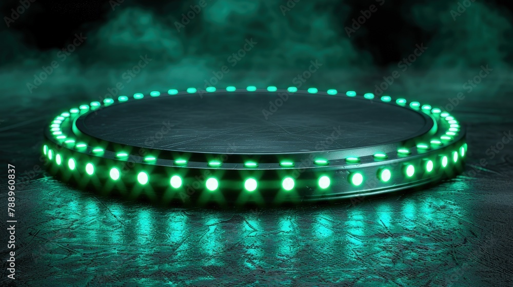 Empty podium with a futuristic touch, bright green neon lights illuminating its sides with dark background.