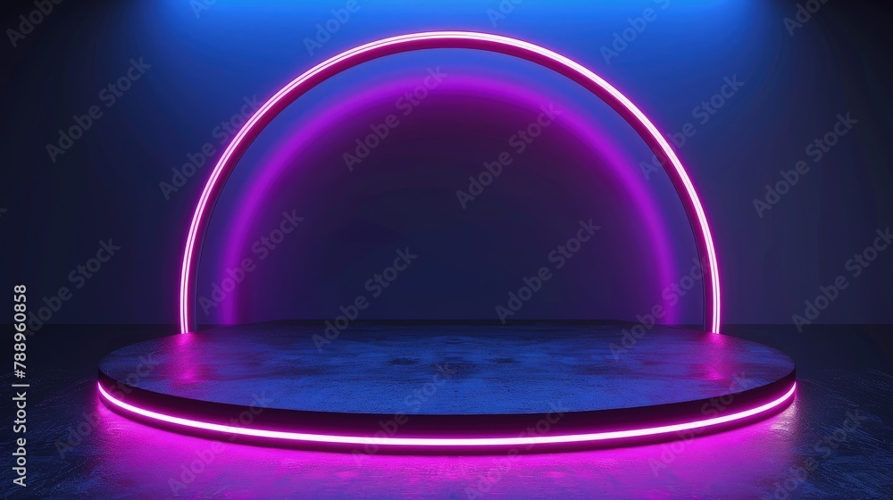 Empty podium with a futuristic touch, purple neon lights encircling its edges. Empty podium with a futuristic touch, purple neon lights encircling its edges.