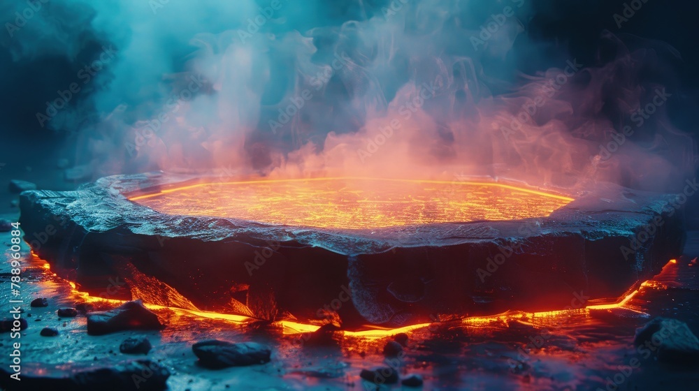 Empty podium of hot magma inside boulders with light smoke. Empty podium of hot magma inside boulders with light smoke.