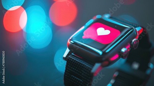 Close-up of a digital smartwatch with a speech bubble notification, signaling an incoming message or notification photo