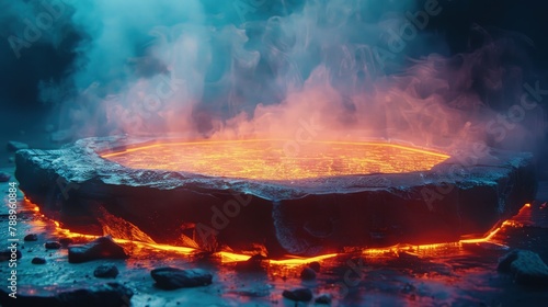 Empty podium of hot magma inside boulders with light smoke.