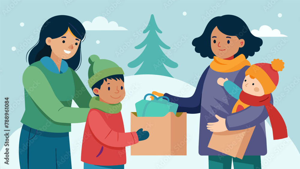 A mother and her children receiving a bag full of winter clothing items at a mobile Winter Warmth Drive event held in a rural area with limited A mother and her children receiving a bag full of winter clothing items at a mobile Winter Warmth Drive event held in a rural area with limited