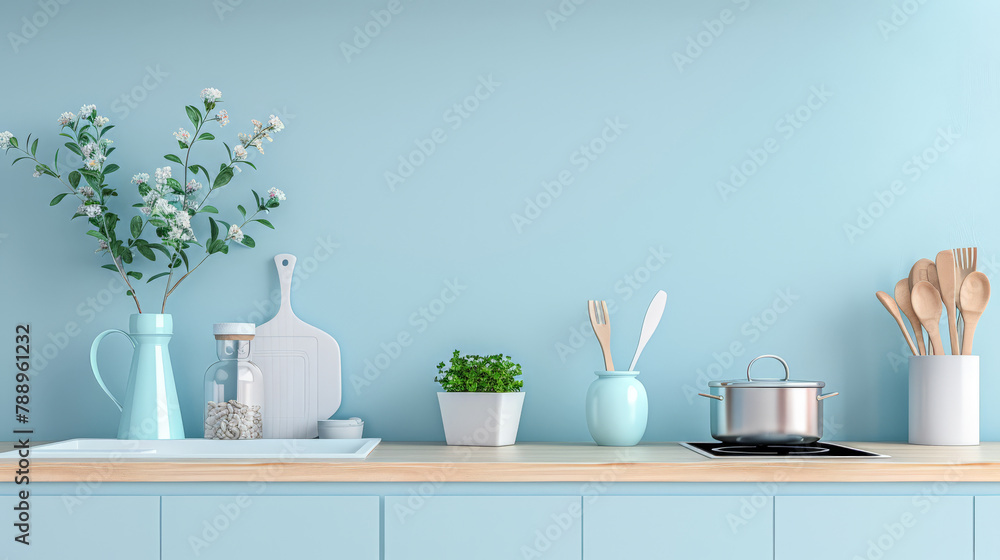 Obraz premium Elegant kitchen interiors in pastel blue tones with a modern minimalist style. Interiors composition.