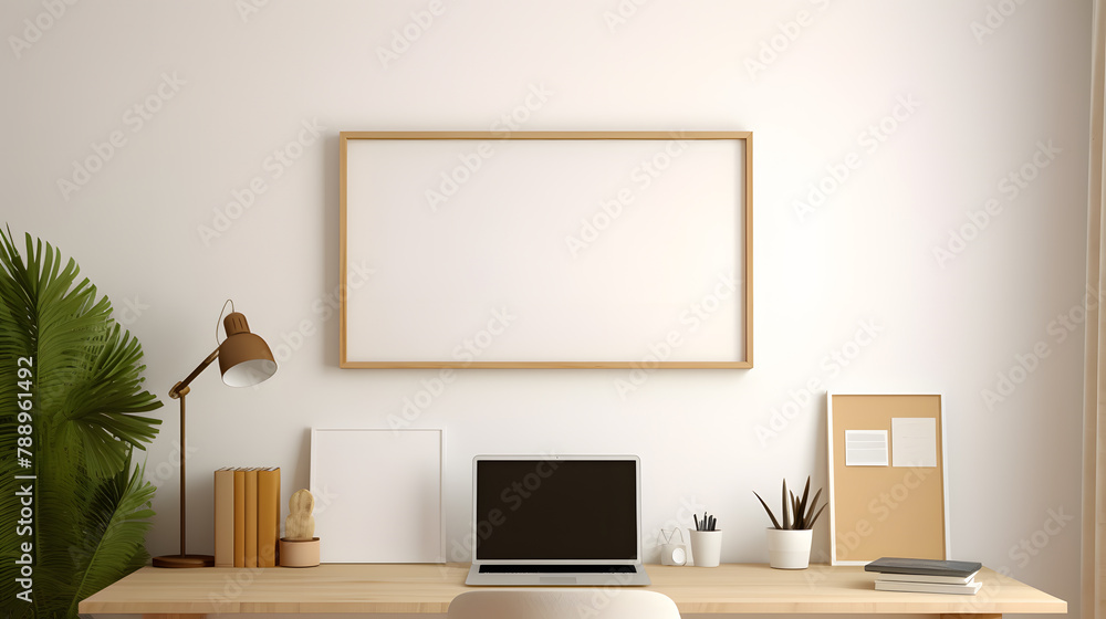 Mockup frame for decorative pictures on the wall; interior design featuring furniture, small plant pot, table lamp in cozy room. Mockup frame for decorative pictures on the wall; interior design featuring furniture, small plant pot, table lamp in cozy room.