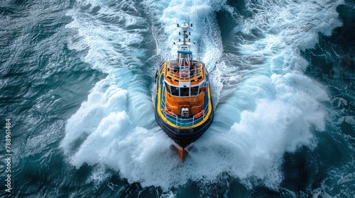 robust, unmanned, yellow and blue rescue watercraft is navigating the tumultuous