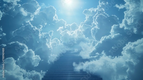 Staircase leading to heaven with clouds and sun.