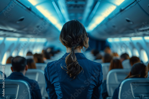 Back view of stewardess in uniform in airplane with passangers