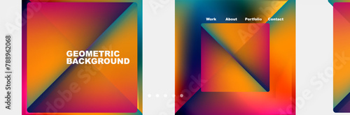 A vibrant geometric background featuring colorful triangles and squares in shades of electric blue and orange, creating a symmetrical pattern with a playful and artistic flair