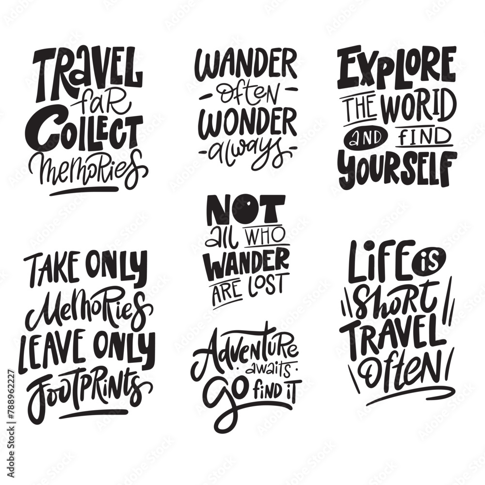 Fototapeta premium A collection of written travel and adventure phrases, slogans or quotes. Creative illustration in black and white colors
